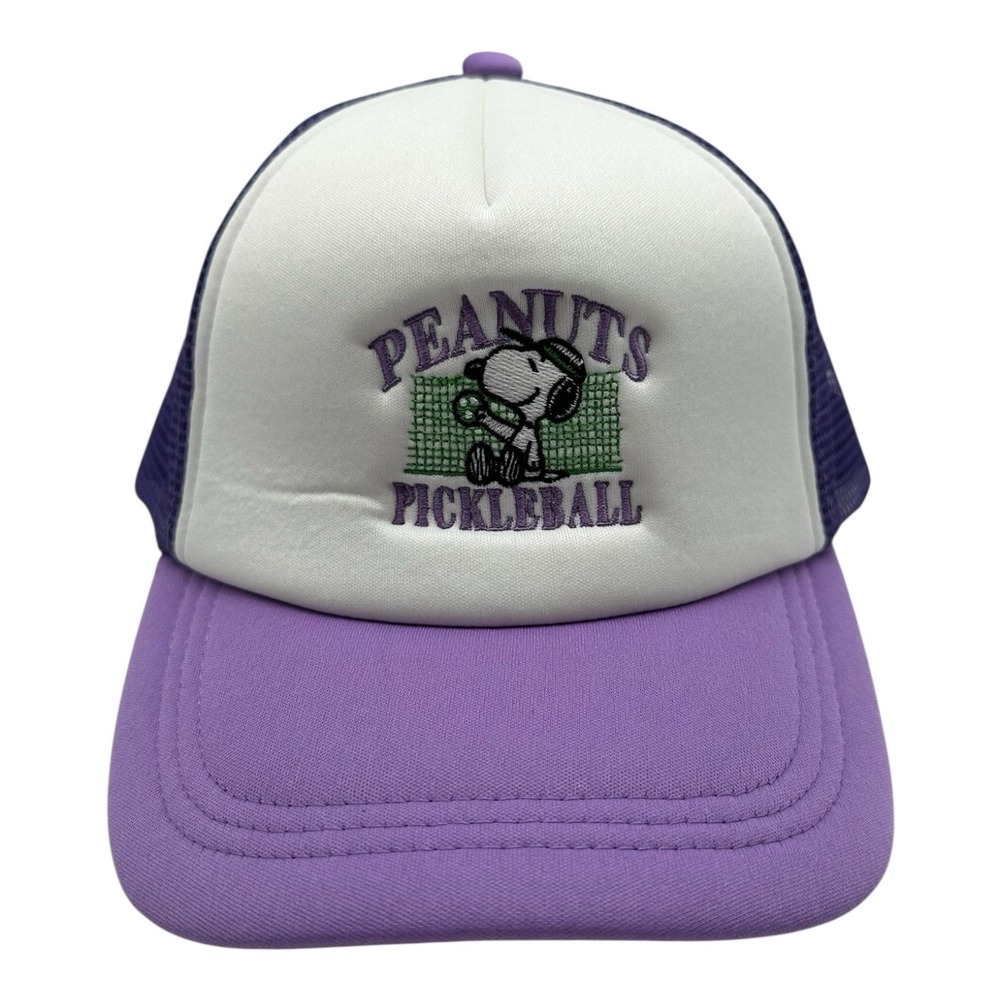 Peanuts Snoopy Pickleball Trucker Hat Cap Snapback Adjustable Purple‎ White NWT